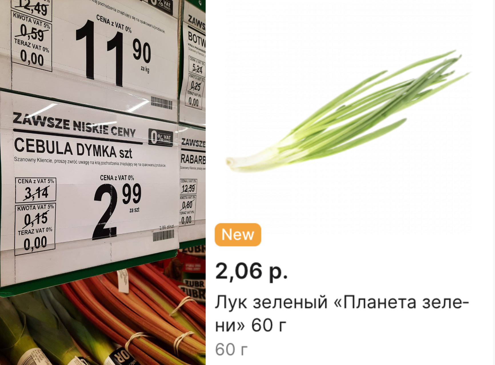 Сравнение цен на зеленый лук в польском магазине Biedronka и на беларуском сайте «Е-доставка».