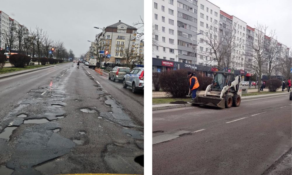 Состояние дорожного полотна на бульваре Космонавтов в Бресте до и после ремонта Фото: телеграм-канал «Беларусь за МКАДом» и телеграм-канал «Любимый Брест».