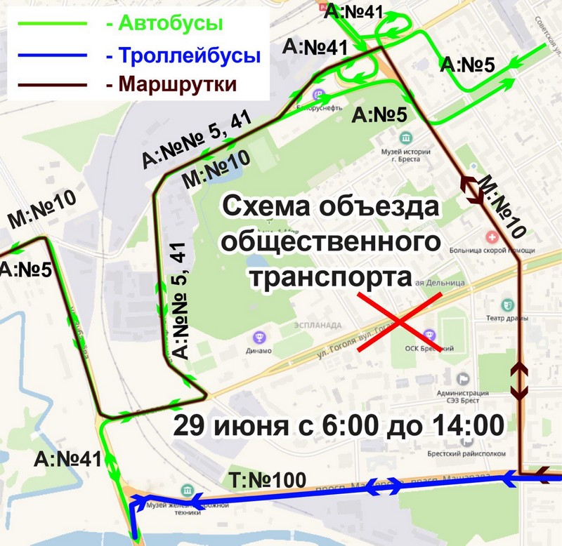 Схема движения общественного транспорта в Бресте 29 июня 2024 года