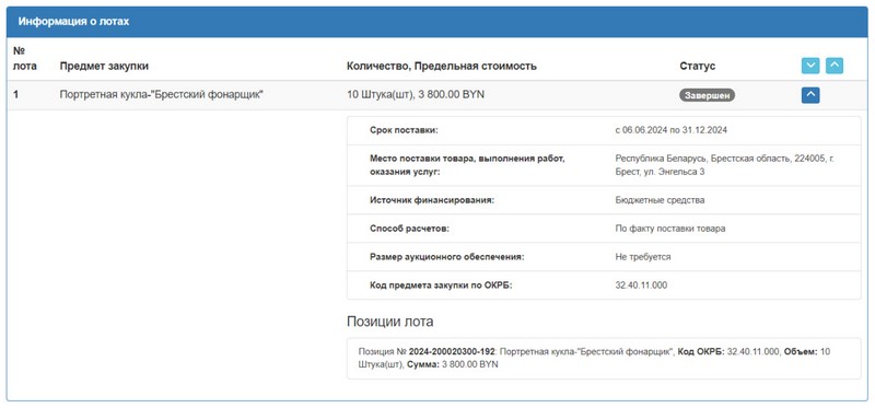 Тендер на куклу брестского фонарщика. Скриншот сайта госзакупок