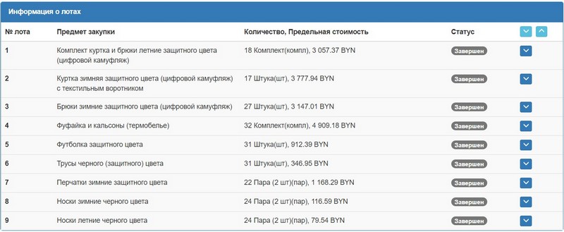 Тендер на форменную одежду для Брестского облисполкома. Скриншот сайта госзакупок