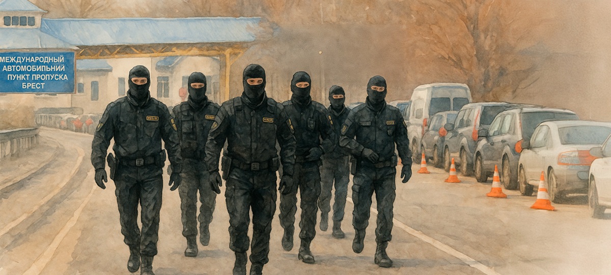 Омоновцы в пункте пропуска «Брест». Изображение сгенерировано в ChatGPT