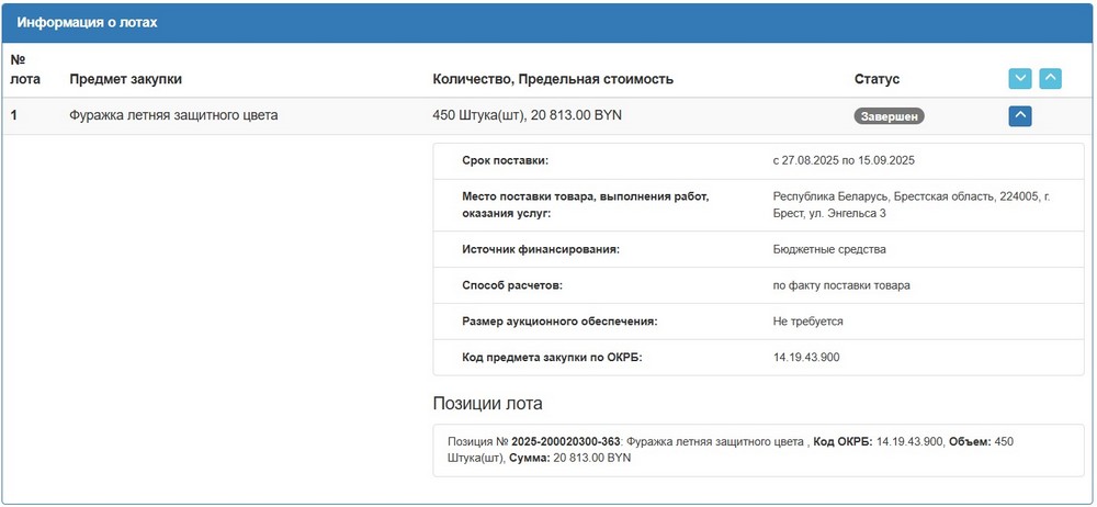 Тендер Брестского горисполкома на фуражки. Скриншот сайта госзакупок