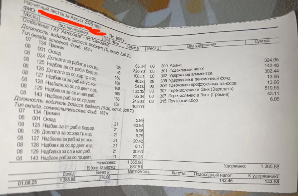 Расчетный лист водителя скорой в Бресте за август 2025 года