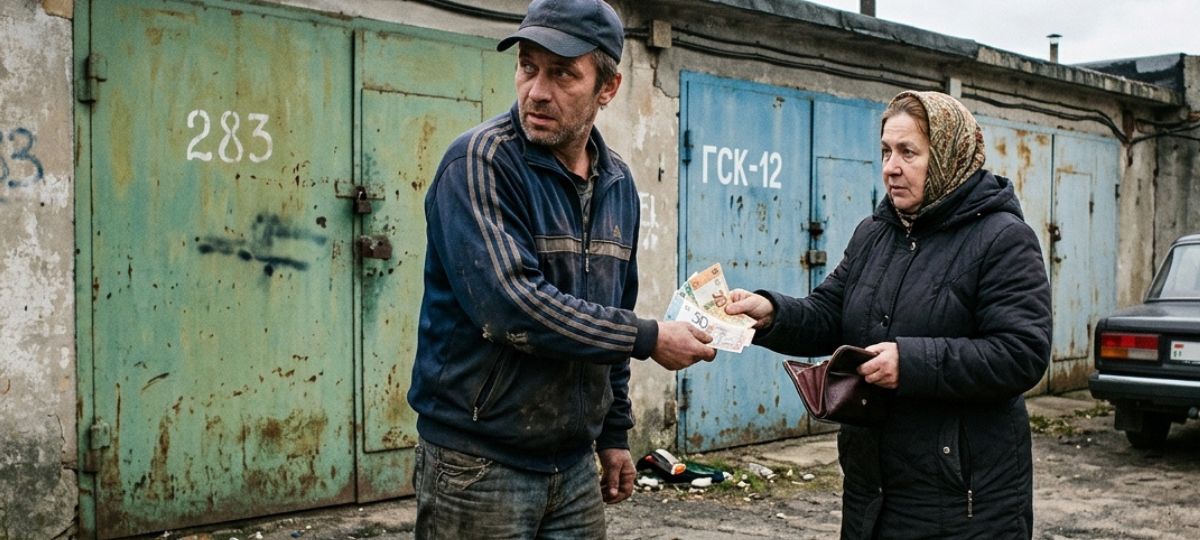 Мужчина берет деньги у женщины на фоне гаража